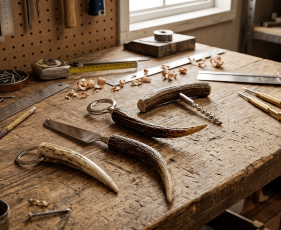 Close-up of a handcrafted antler corkscrew resting on a dark, rustic wooden surface, highlighting the antler''s texture.
