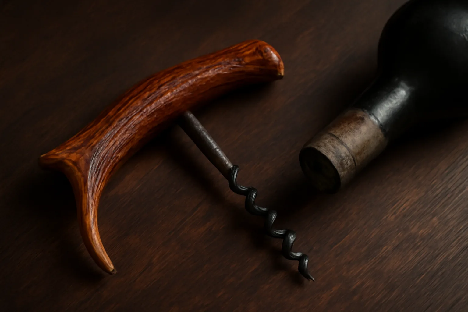 An Antler Corkscrew with a polished antler handle resting on a wooden table beside a dusty, foil-cut vintage wine bottle.