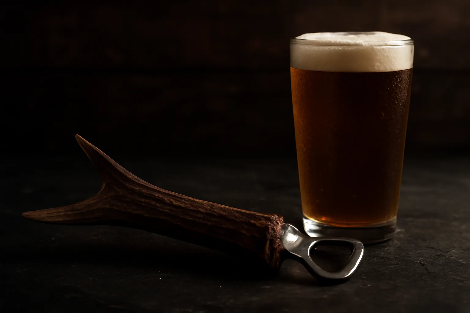 A handcrafted antler bottle opener resting on a dark slate coaster beside a glass of amber craft beer with a rich head of foam.