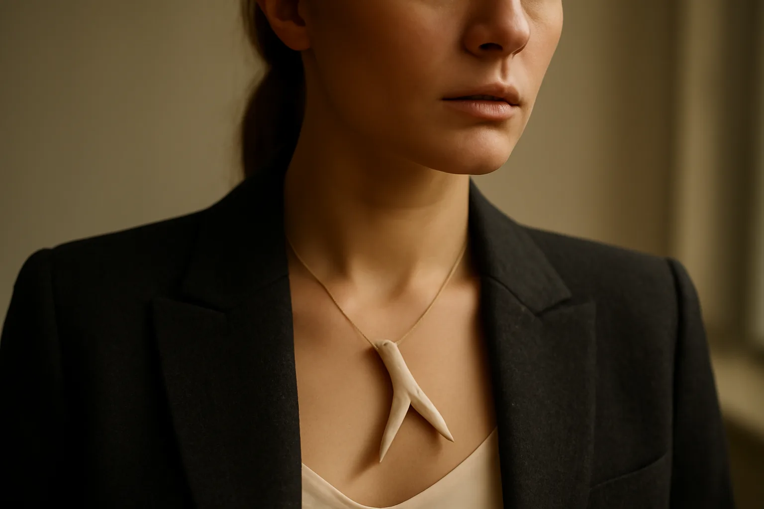 A handcrafted antler tip necklace resting against a silk blouse, worn under the sharp lapel of a tailored charcoal wool blazer.