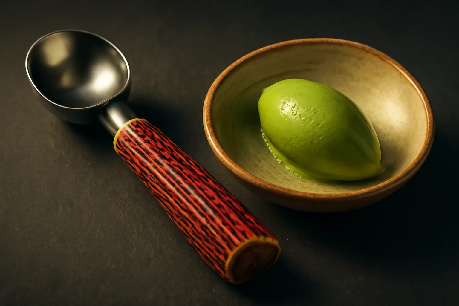 A handcrafted antler ice cream scoop resting beside a perfect quenelle of dark chocolate gelato in a ceramic bowl.