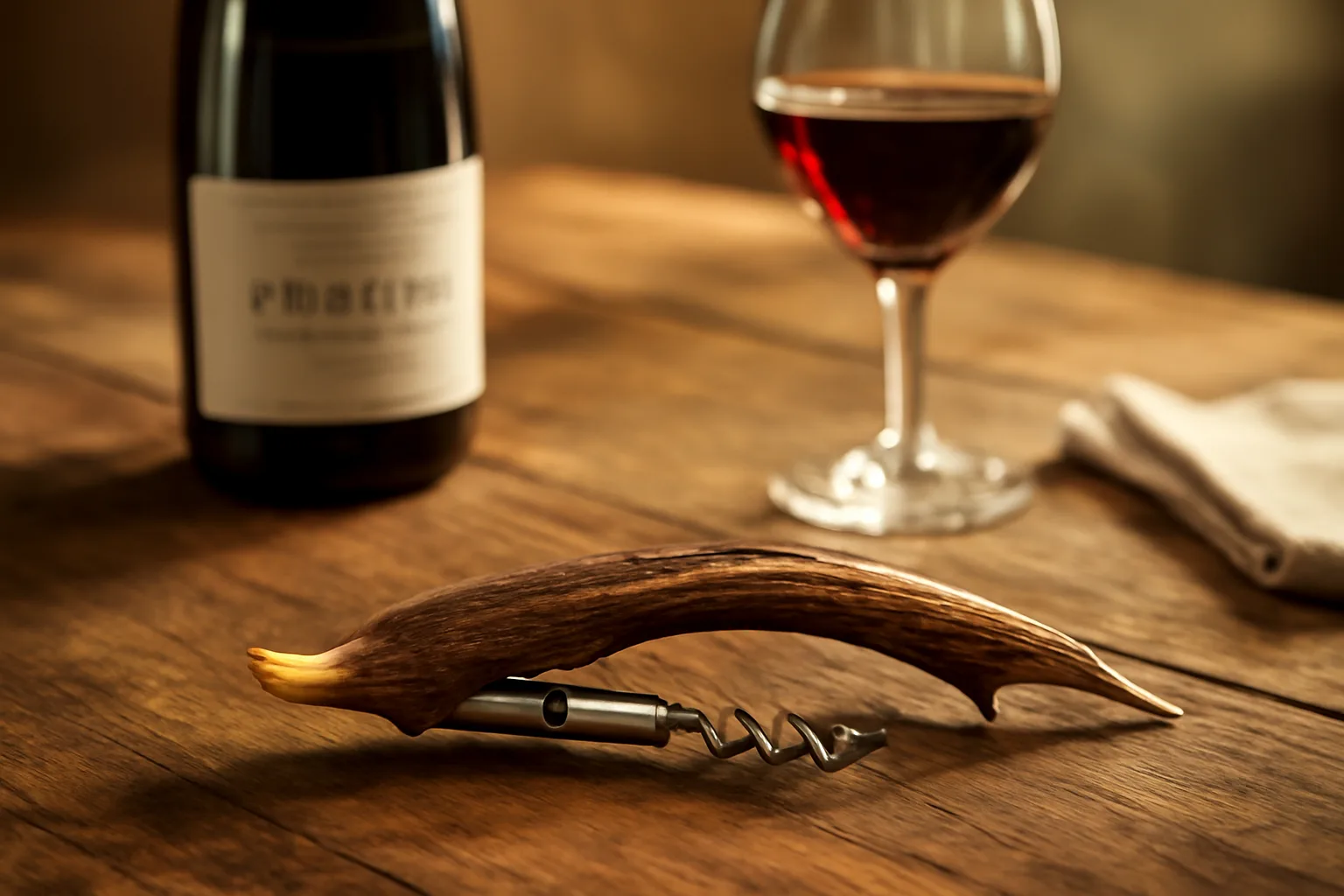 A handcrafted corkscrew with a polished red deer antler handle resting beside a bottle of pinot noir and a half-full wine glass.