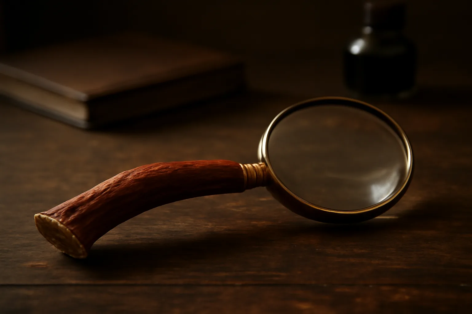 A beautifully handcrafted magnifying glass, its handle made of polished, naturally shed red deer antler, sits on an old wooden desk.