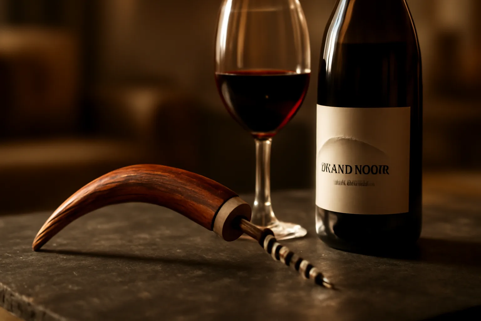 An Antler Corkscrew with a polished deer antler handle rests on a dark slate beside a bottle of red wine and a full glass.
