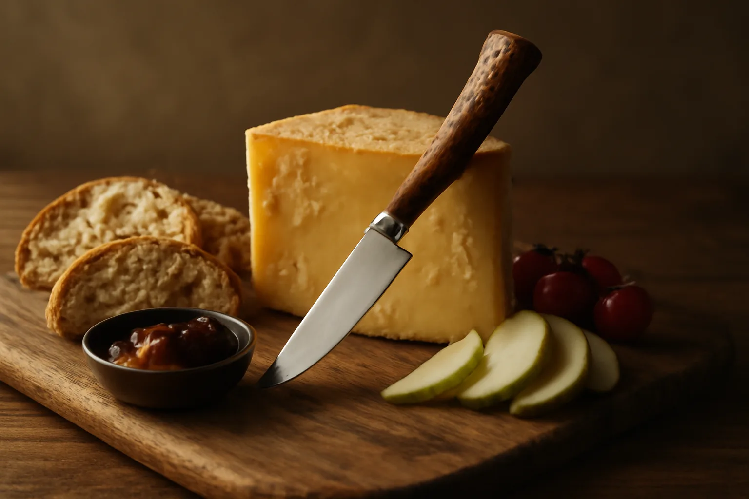 A rustic Ploughman's lunch on a wooden board with cheddar, pickles, and an antler-handled cheese knife resting on the cheese.