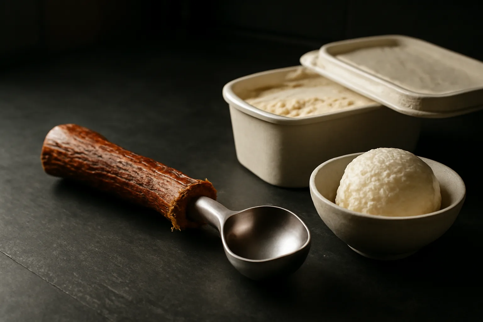 Handcrafted antler ice cream scoop resting beside a tub of vanilla bean ice cream on a dark slate countertop.