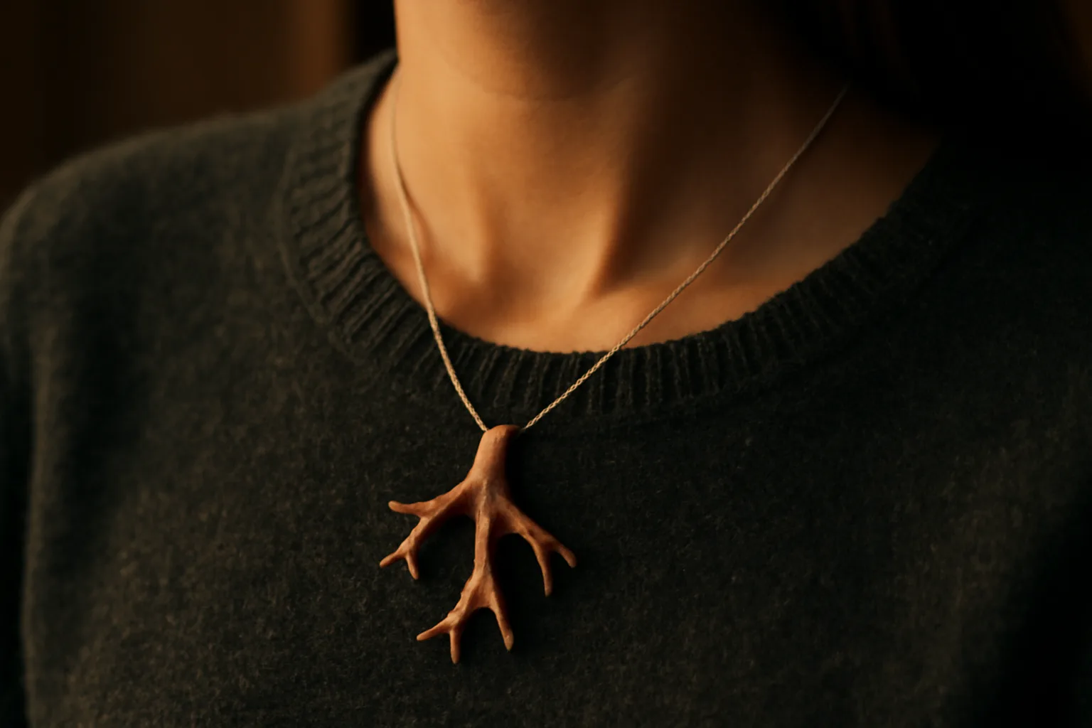 A handcrafted antler-tip necklace resting on the collarbone of a person wearing a dark grey merino wool sweater.