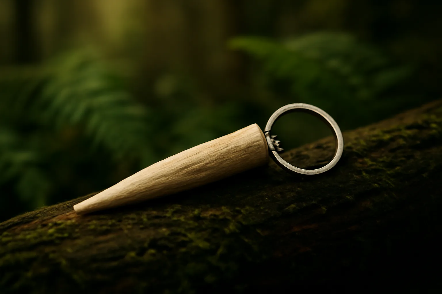 A handcrafted key ring made from the tip of a red deer antler, resting on a mossy log in a sun-dappled New Zealand forest.