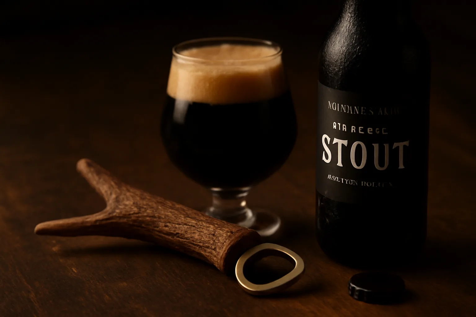 A handcrafted bottle opener made from naturally shed red deer antler resting beside a full glass of dark stout beer.