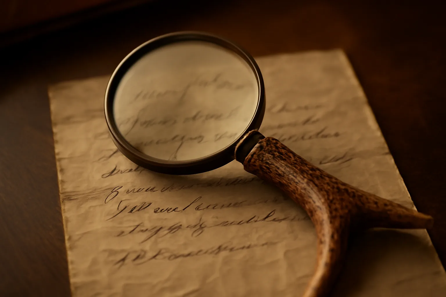 A handcrafted antler handle magnifying glass resting on a faded, 19th-century map spread across a dark wooden desk.