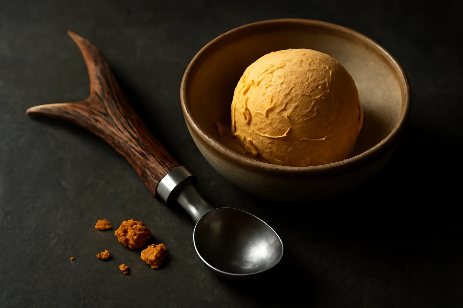 A handcrafted Antler Tree ice cream scoop resting beside a scoop of dark chocolate ice cream in a ceramic bowl.