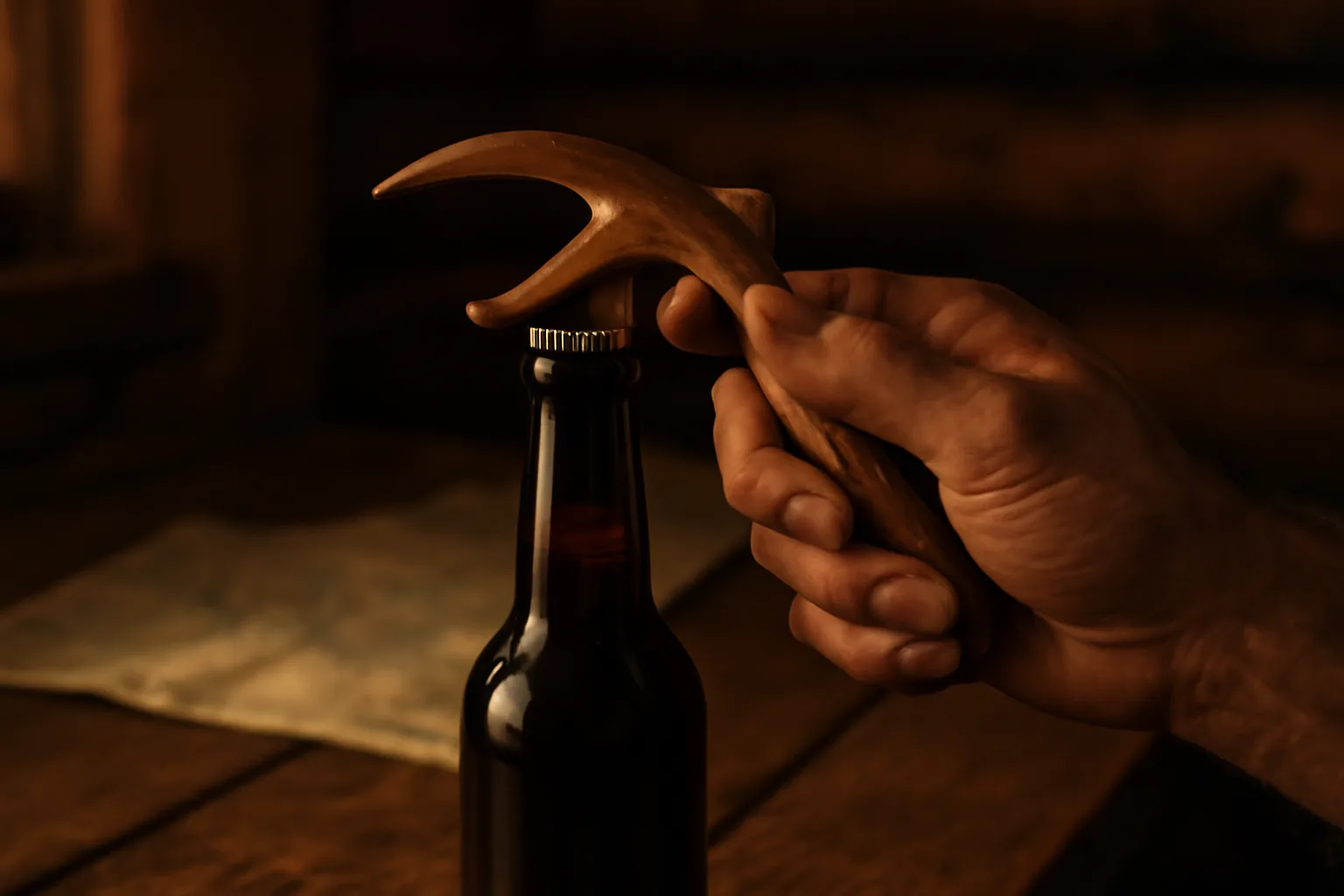 A weathered hand holds a red deer antler bottle opener, poised to open a craft beer bottle on a rustic wooden hut table.