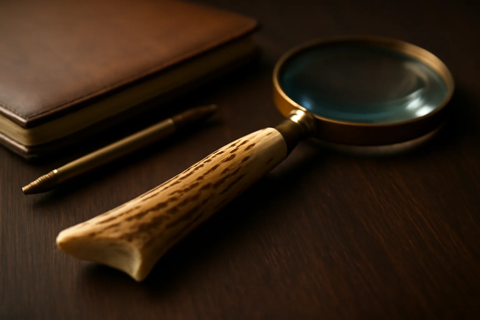 The handle of a handcrafted magnifying glass, made from polished red deer antler, rests on a dark walnut executive desk.
