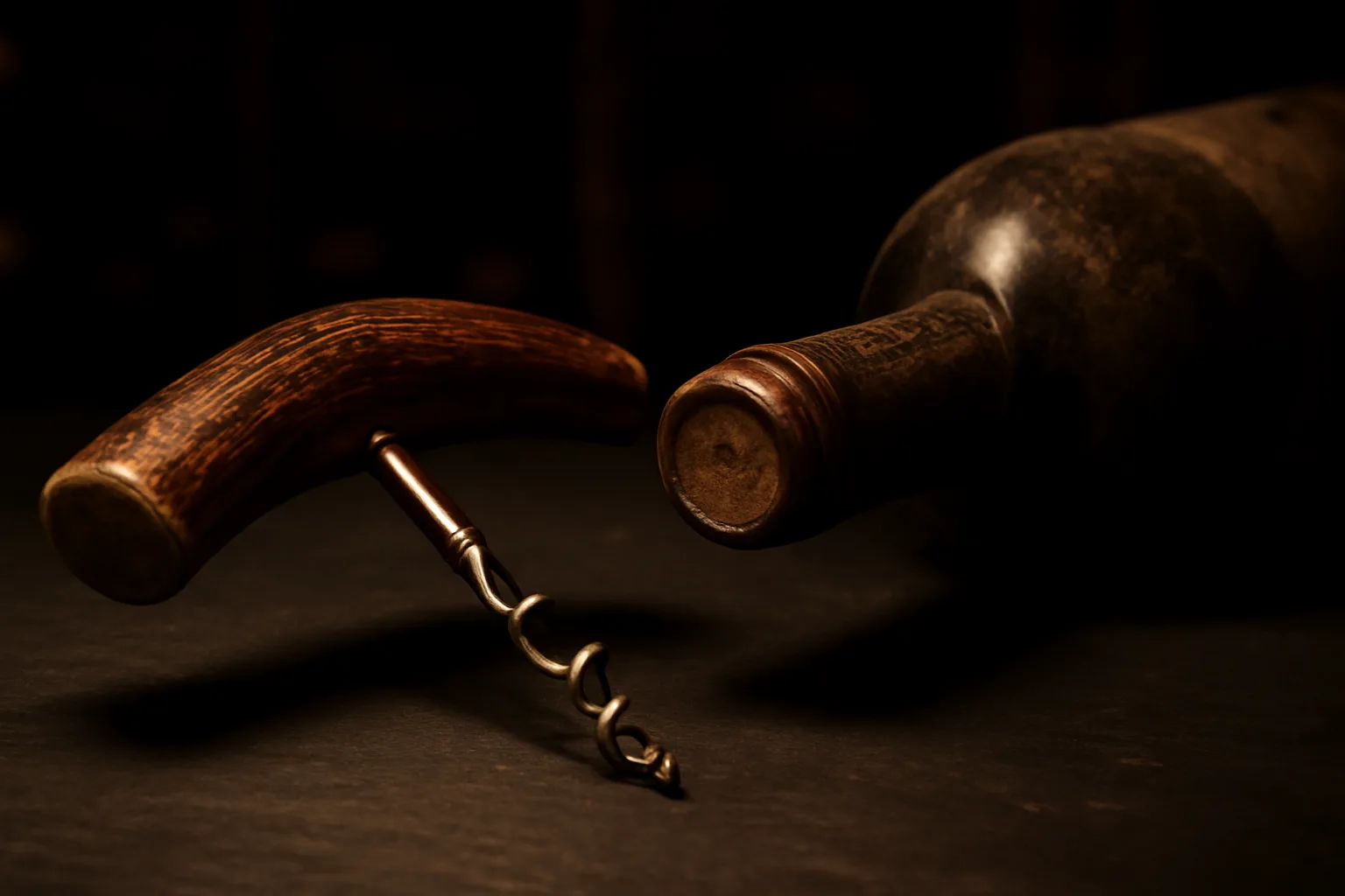 A handcrafted antler corkscrew resting beside the neck of an old bottle of red wine with a challenging, recessed cork.