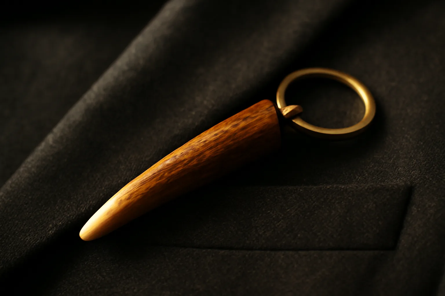 A single Antler Tree key ring made from a polished antler tip, resting on the textured wool of a dark grey suit jacket pocket.