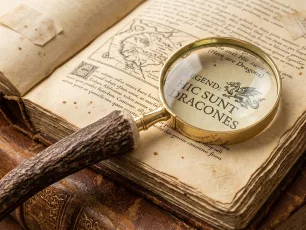 A handcrafted antler handle magnifying glass resting on an open book with small text, sunlight streaming from a window.