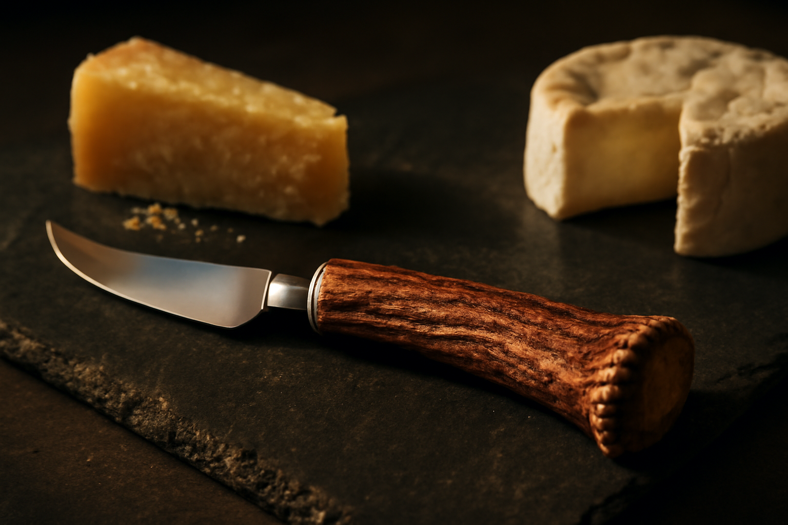 An Antler Tree cheese knife with its unique antler handle resting on a dark slate board beside aged gouda and creamy brie.