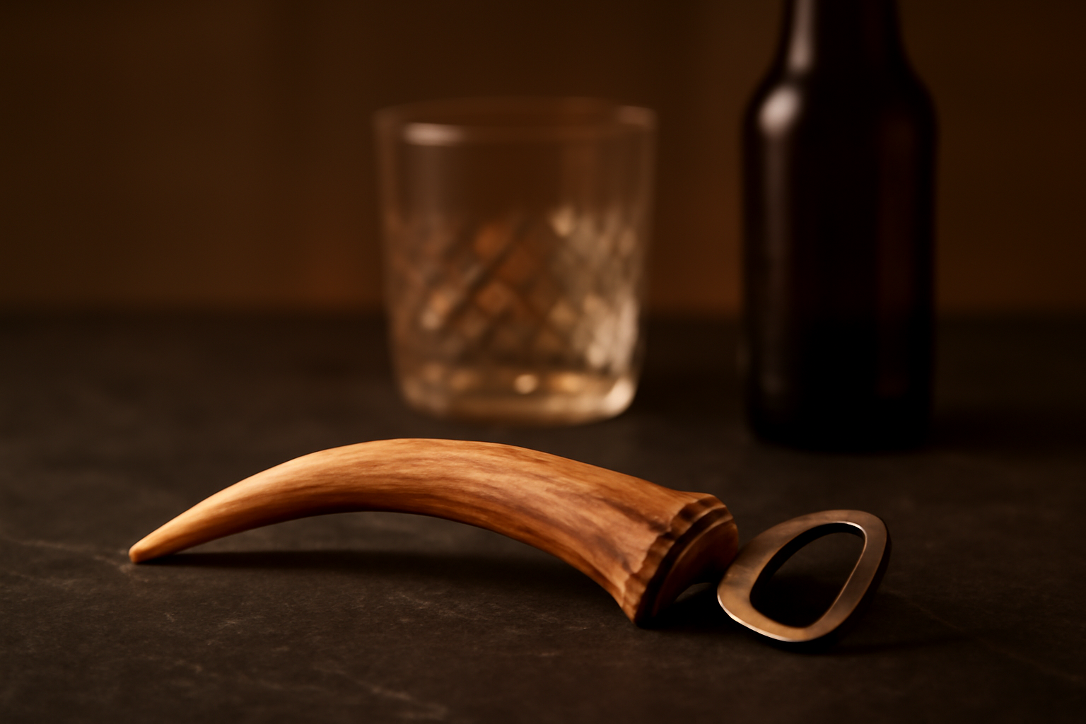 Handcrafted bottle opener made from naturally shed red deer antler resting on a dark slate home bar countertop.