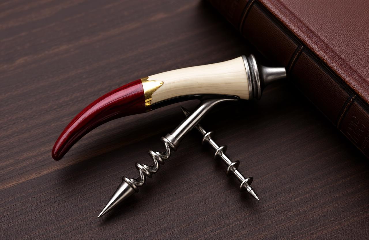 A handcrafted corkscrew with a polished red deer antler handle resting on a dark, rustic wooden surface.