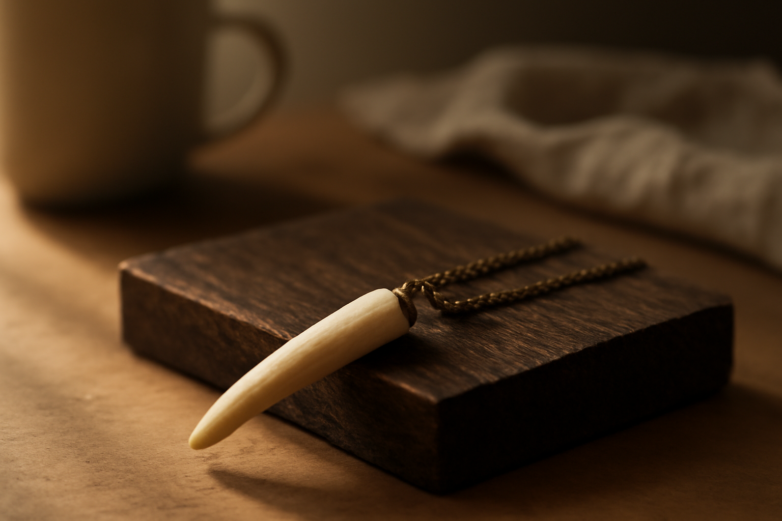 A handcrafted Antler Necklace with a polished antler tip rests on a piece of weathered, dark wood next to a linen napkin.