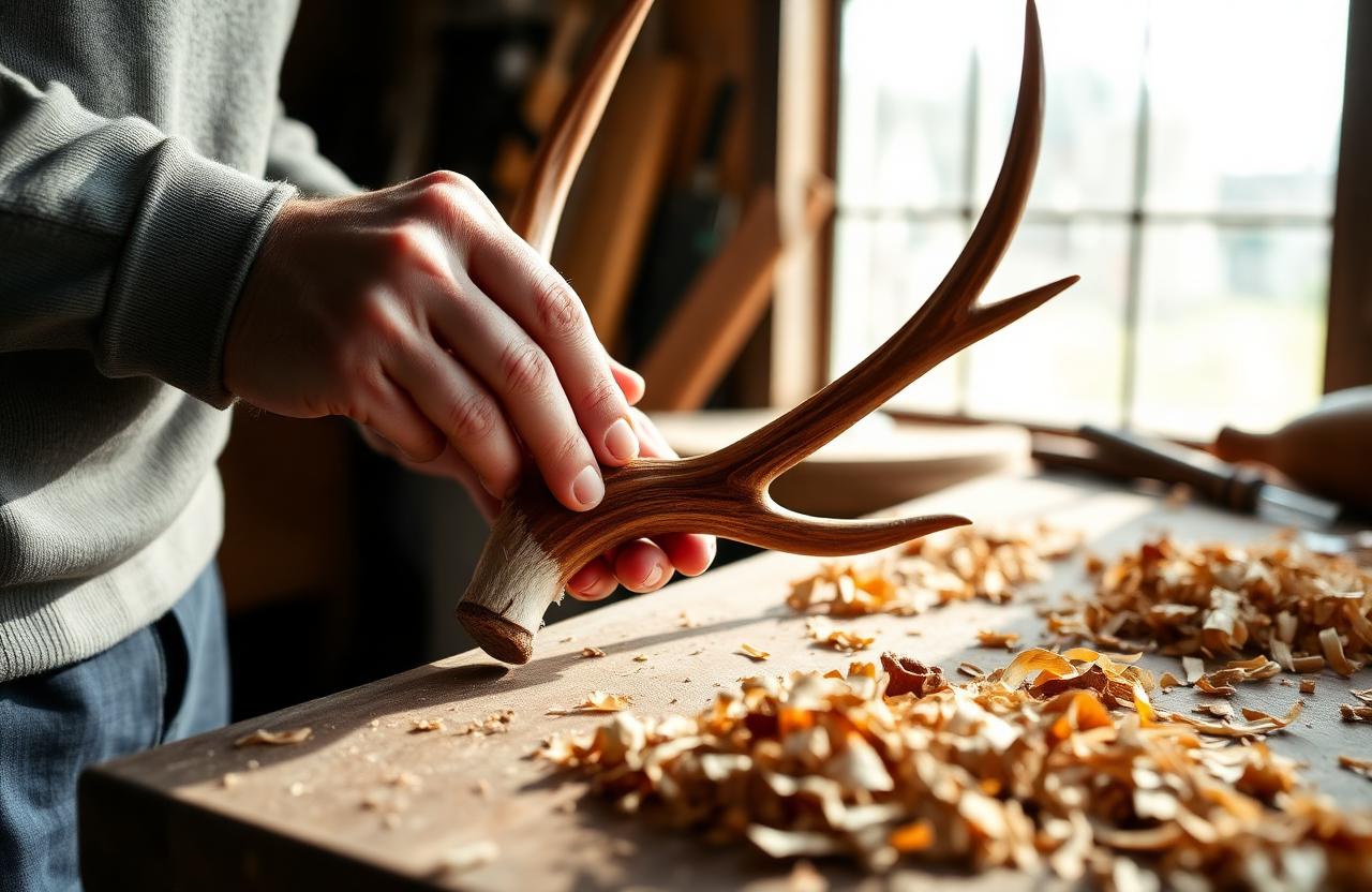 Close-up of a hand polishing a naturally shed red deer antler in a sunlit New Zealand workshop, with wood shavings on the bench.
