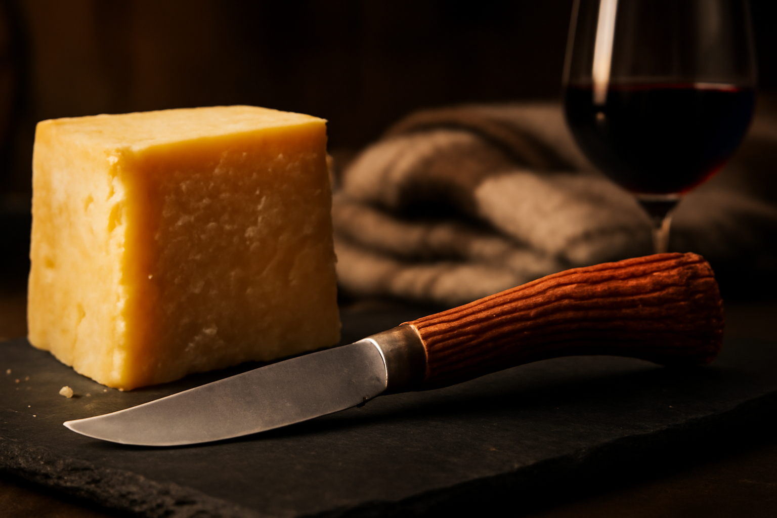 A handcrafted cheese knife with a naturally shed red deer antler handle rests beside a block of aged, crystalline cheddar.