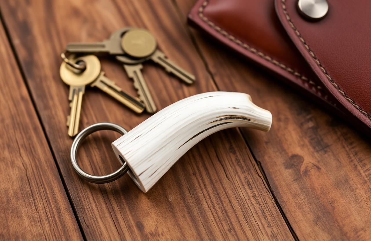 A handcrafted key ring made from polished deer antler, resting on a rustic wooden surface next to vintage keys.