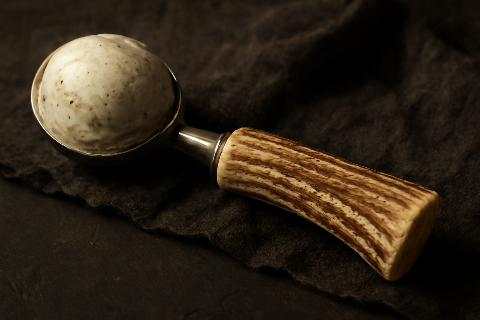 A handcrafted antler ice cream scoop rests on a dark slate surface beside a beautiful scoop of vanilla bean ice cream.