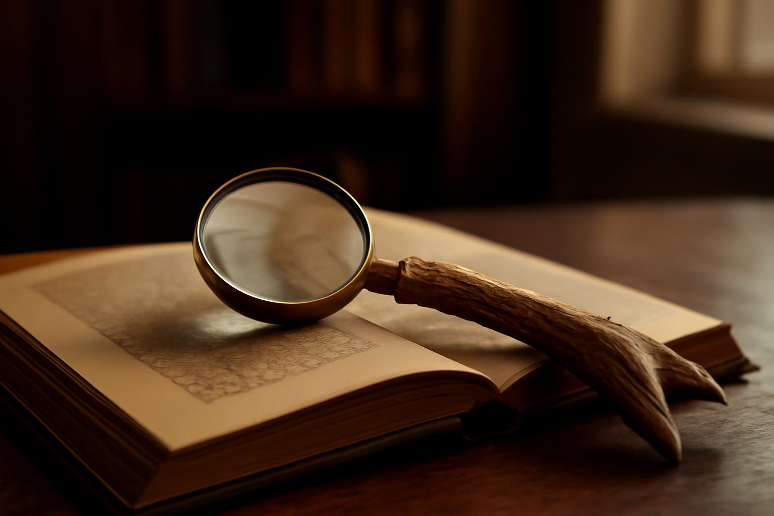 A handcrafted magnifying glass with a polished red deer antler handle resting on a dark, textured wooden surface beside a book.