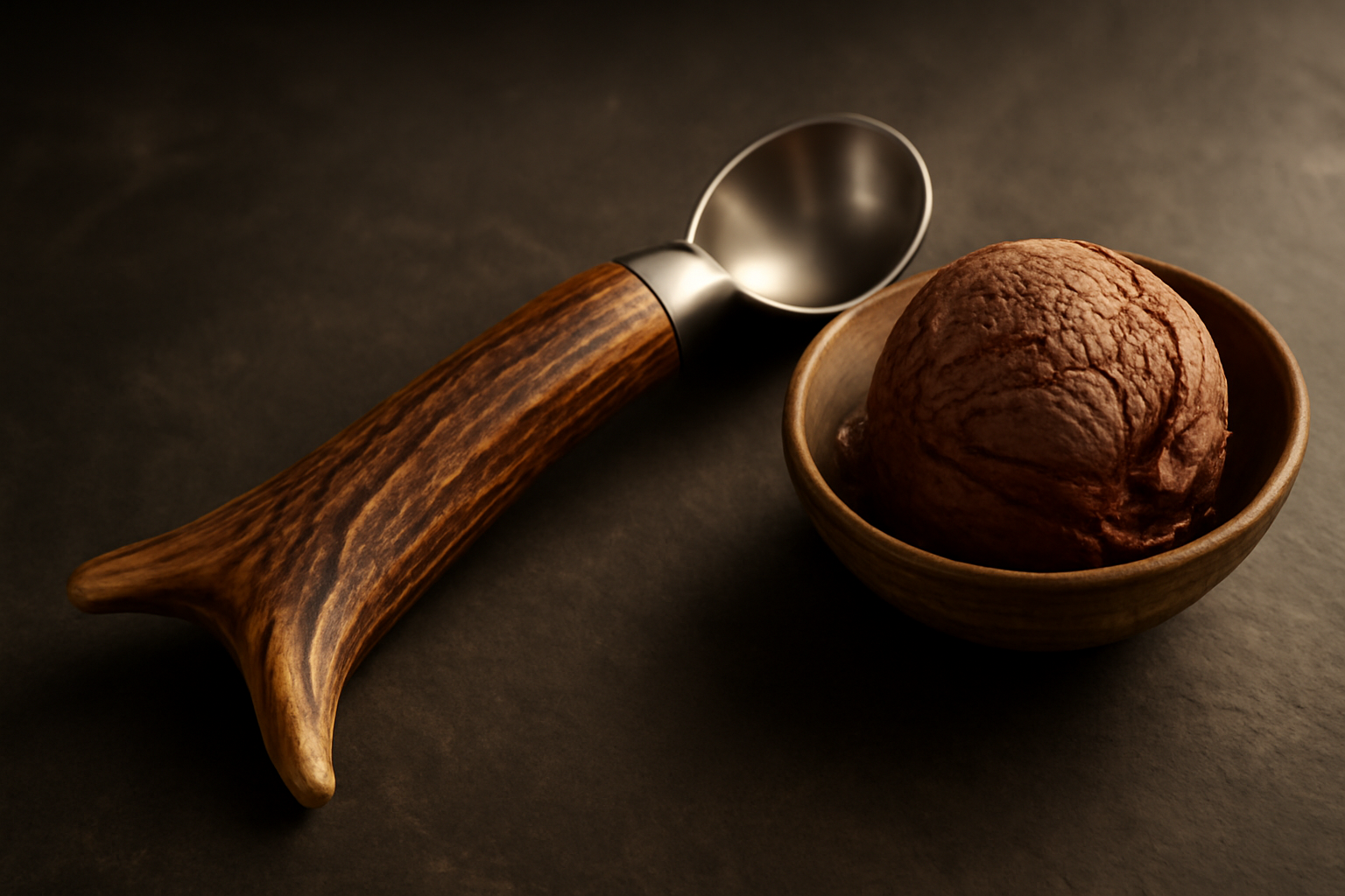 An Antler Ice Cream Scoop, its handle made of unique red deer antler, rests beside a bowl of dark chocolate ice cream.