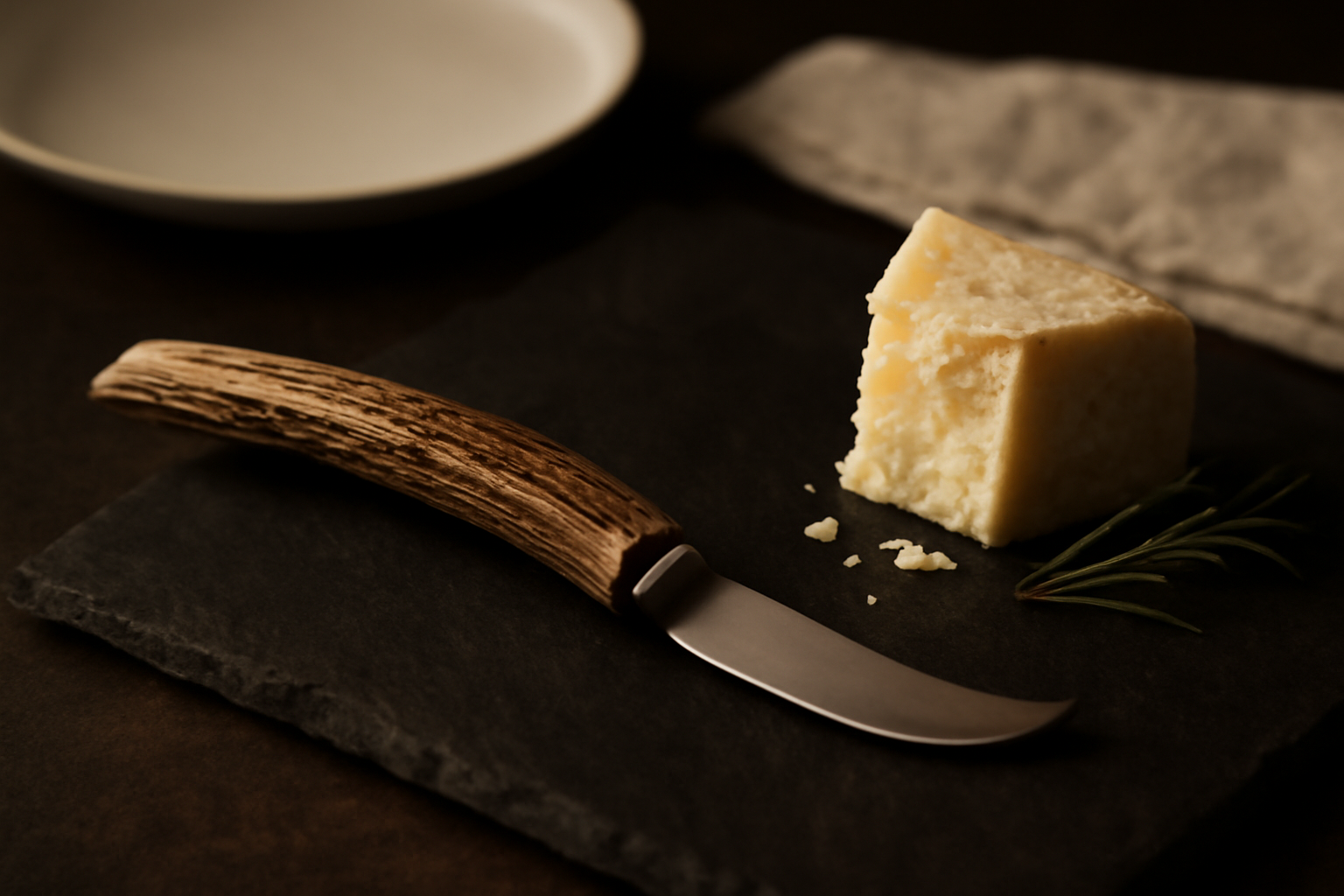 An antler-handled cheese knife rests on a dark slate board next to aged cheddar, with a fine porcelain plate in soft focus.