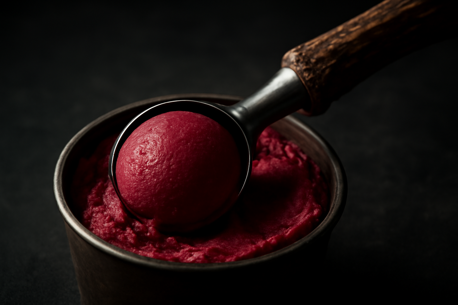An Antler Tree Ice Cream Scoop with a polished steel head resting on a dark, textured surface next to a perfect sorbet sphere.