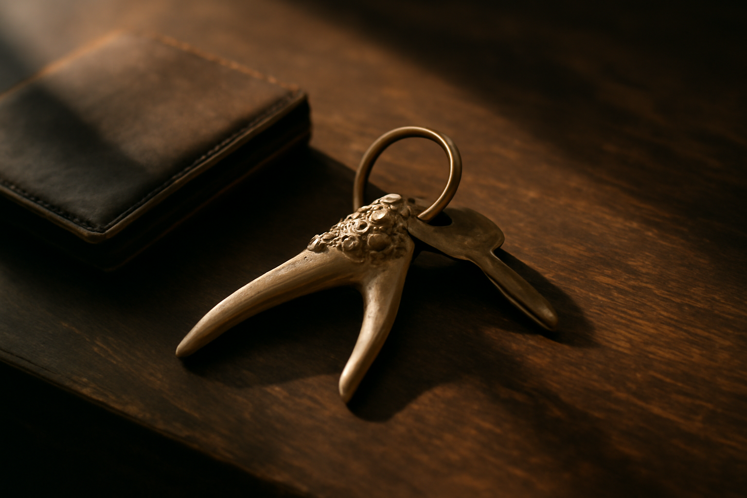 A handcrafted antler key ring resting on a dark, textured surface, its organic form and texture catching the warm morning light.