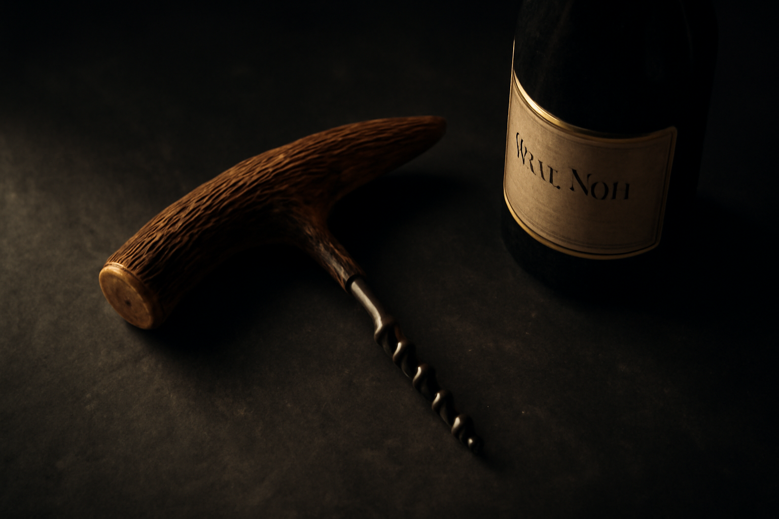 A handcrafted Antler Corkscrew, made from richly textured red deer antler, resting beside an aged bottle of pinot noir.