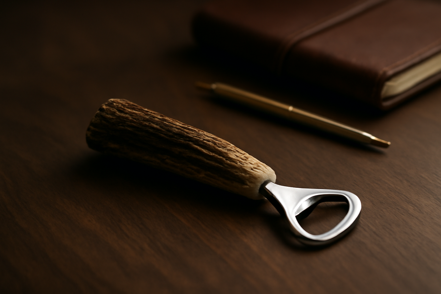 A handcrafted bottle opener made from naturally shed red deer antler rests on a dark walnut desk beside a leather-bound journal.