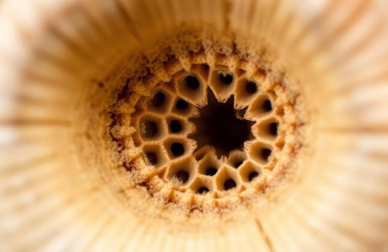 Close-up detail of the porous, honeycomb-like inner core of a naturally shed New Zealand red deer antler.